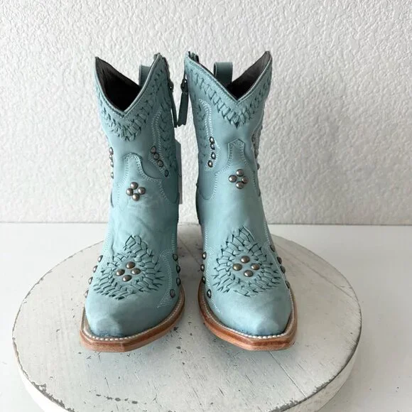 Lane COSSETTE Womens Cowboy Booties 6.5 Western Blue Leather Cowgirl Short Boots - Picture 6 of 13